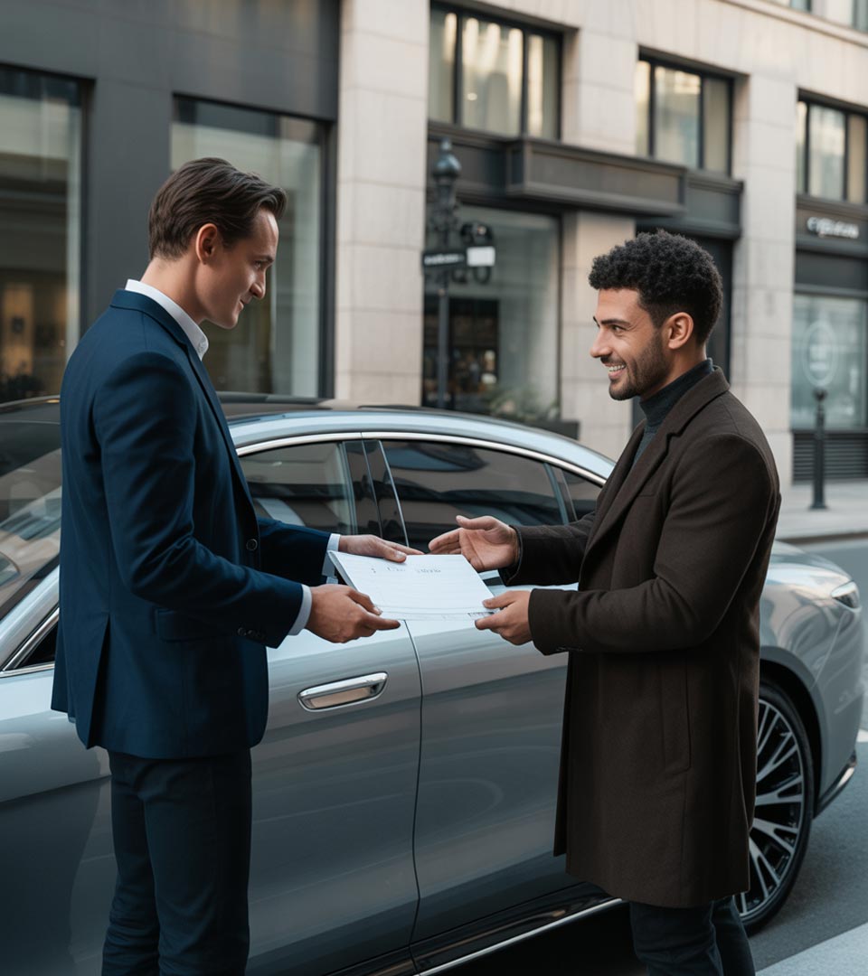 Zwei Männer übergeben Unterlagen neben einem geparkten Auto in Wernigerode